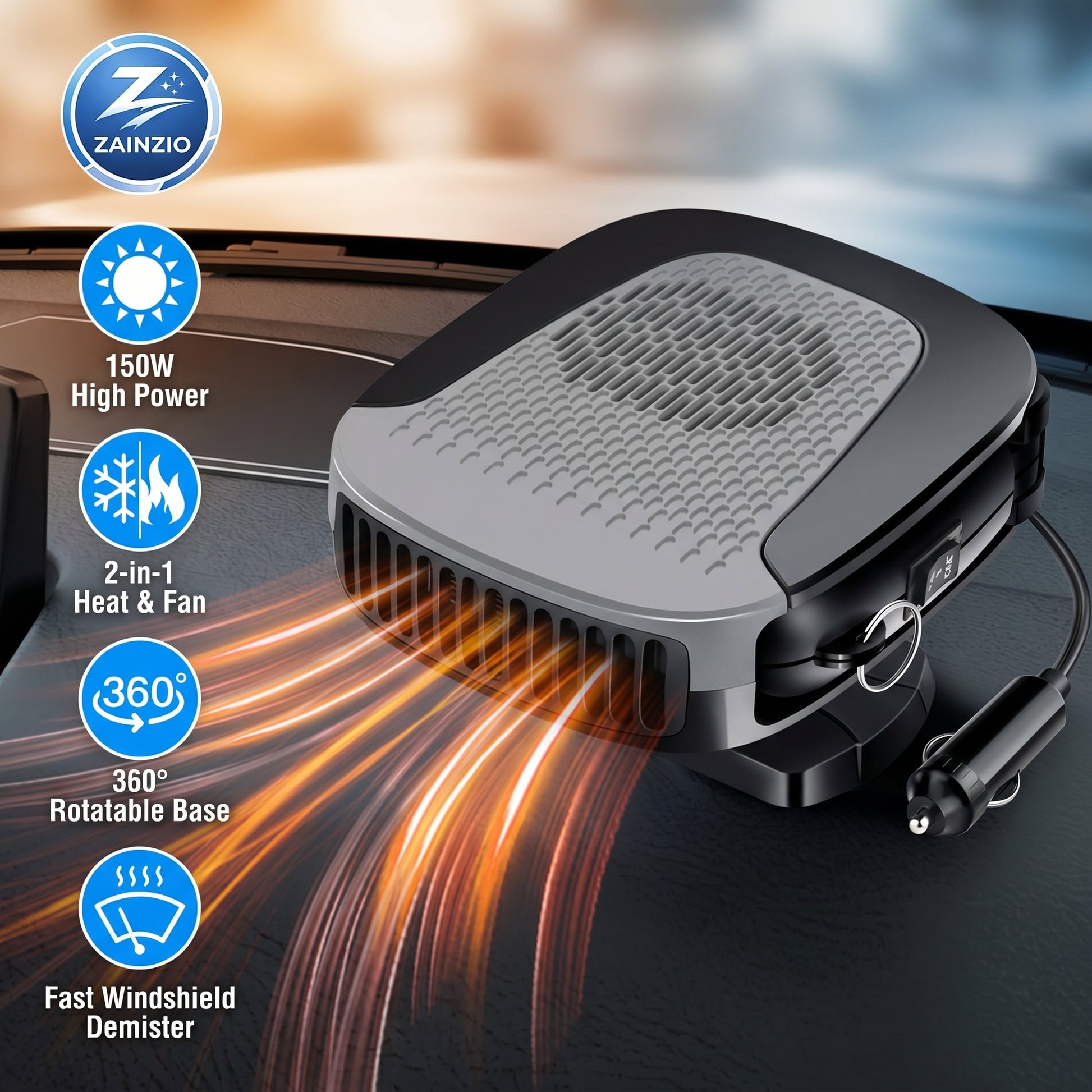 A grey and black portable car heater on a dashboard, emitting warm air. Text: ZAINZIO, 150W High Power, 2-in-1 Heat & Fan, 360° Rotatable Base, Fast Windshield Demister.