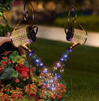 Decorative garden lights with colorful string lights on a grassy background