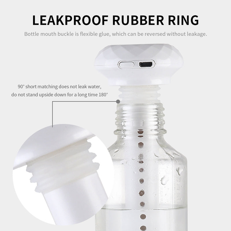 A mini USB humidifier attached to a water bottle, highlighting its "LEAKPROOF RUBBER RING". Flexible glue prevents leakage, allowing the device to be reversed without spills.