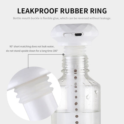 A mini USB humidifier attached to a water bottle, highlighting its "LEAKPROOF RUBBER RING". Flexible glue prevents leakage, allowing the device to be reversed without spills.