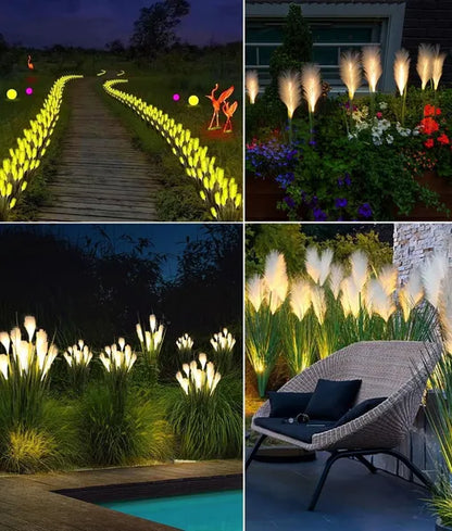 Collage of outdoor lighting fixtures in garden settings