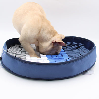 Dog interacting with a blue and gray puzzle toy on a white background