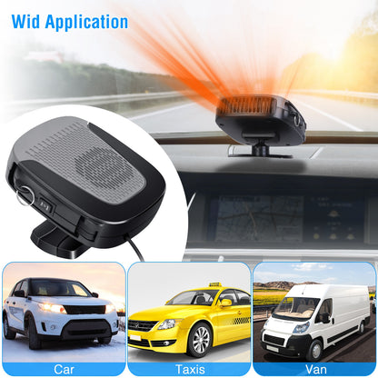 A portable car heater on a dashboard emits heat, with "Wid Application" text. The image shows its use in a Car, Taxis, and Van.