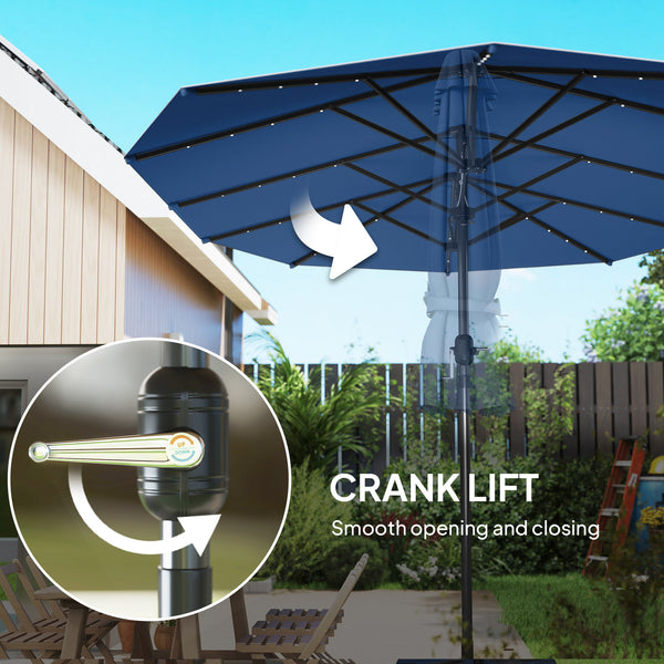 Blue patio umbrella with crank lift mechanism in a garden setting