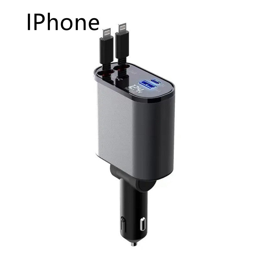 Retractable Car Charger, 100W Fast Car Charger, Zainzio Automotive, Cigarette Lighter Adapter, Type C Car Charger, Multi Port Phone Charger, Voltage Display Car Adapter