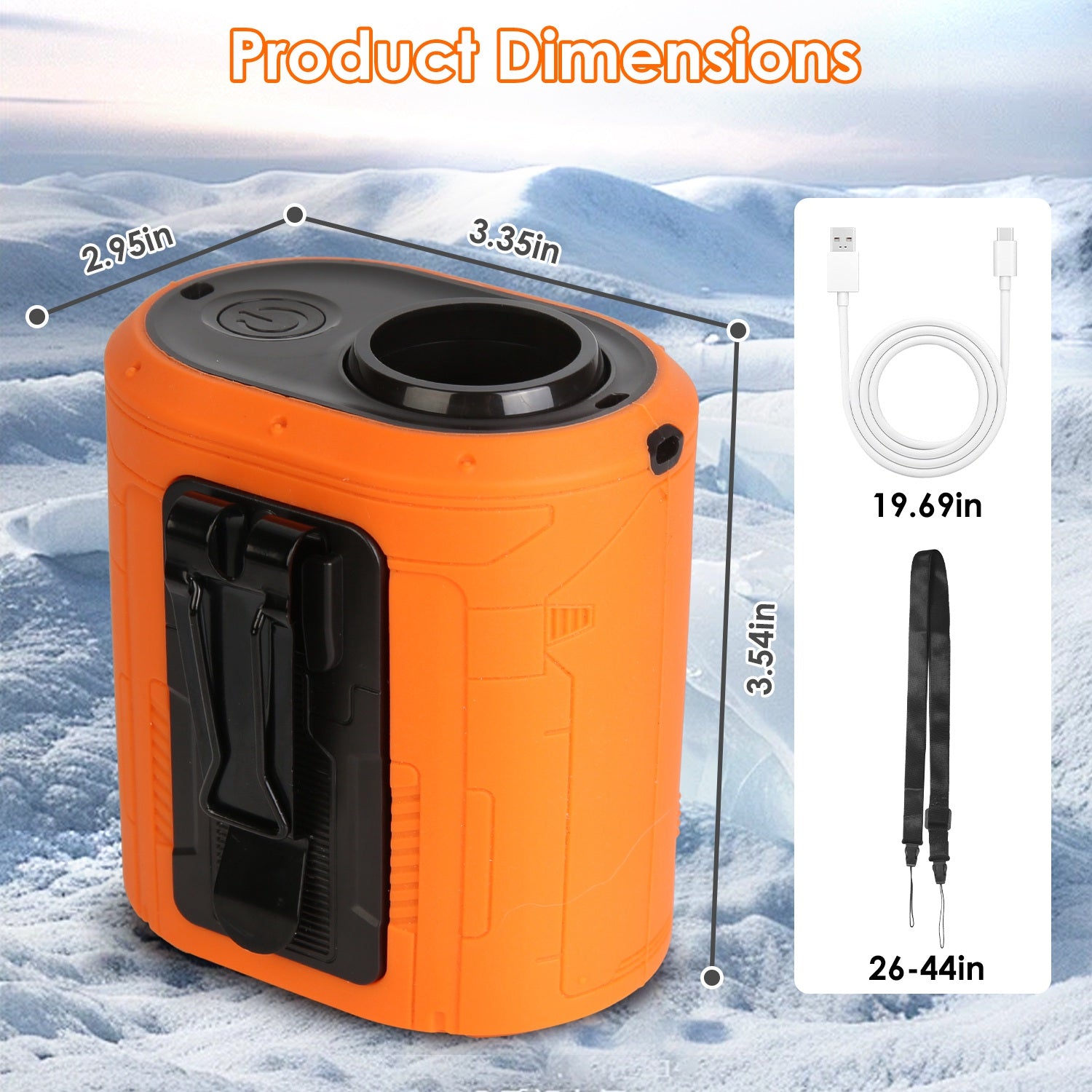 Orange and black cylindrical product with dimensions displayed on a snowy background