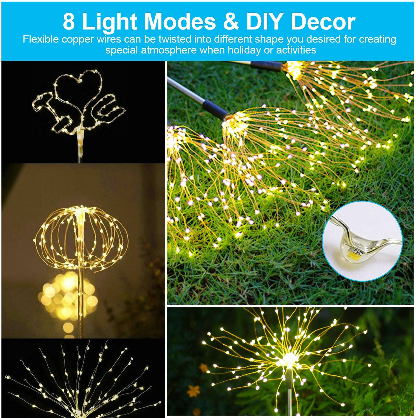 Collage of LED string lights in various shapes and settings with text about light modes and decor.