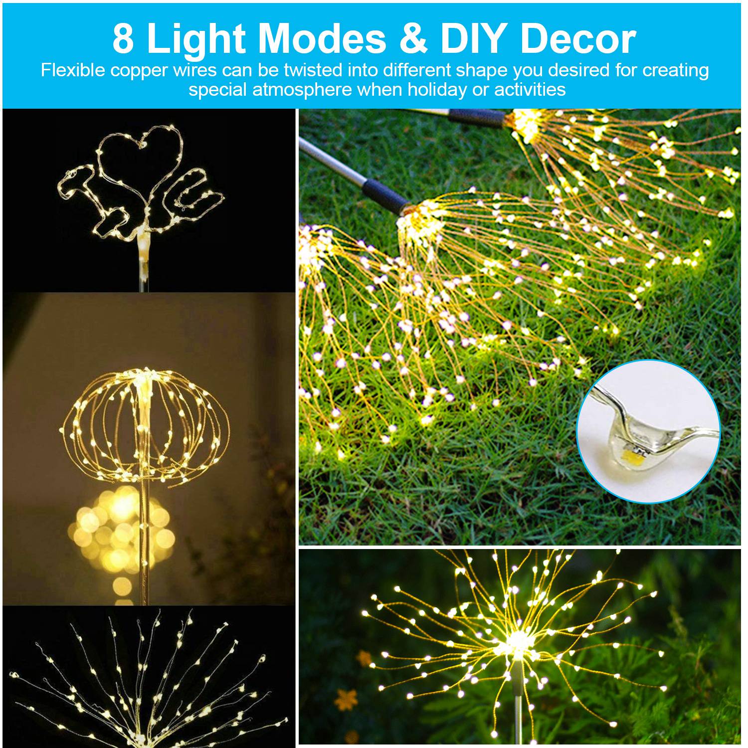 Collage of LED string lights in various shapes and settings with text about light modes and decor.