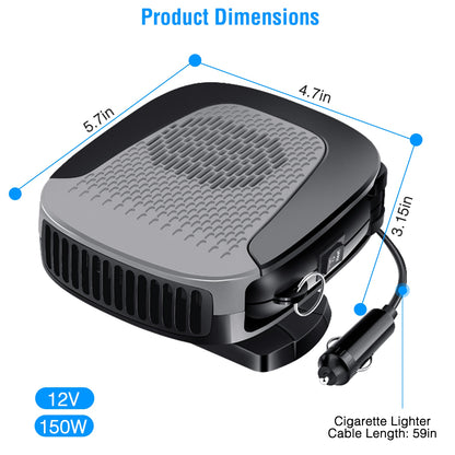 A compact 12V 150W portable car heater, labeled "Product Dimensions" as 5.7in x 4.7in x 3.15in, with a "Cigarette Lighter Cable Length: 59in.