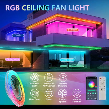 Enclosed Ceiling Fan, 7 Blade Fandelier, RGB Ceiling Fan, Low Profile Fan, Black Flush Mount Fan, Smart LED Ceiling Fan, Quiet Bedroom Fan, Zainzio fan