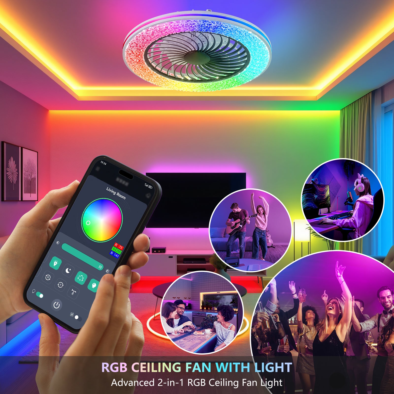 Enclosed Ceiling Fan, 7 Blade Fandelier, RGB Ceiling Fan, Low Profile Fan, Black Flush Mount Fan, Smart LED Ceiling Fan, Quiet Bedroom Fan, Zainzio fan