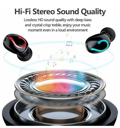 Black wireless earbuds with text about Hi-Fi stereo sound quality on a white background