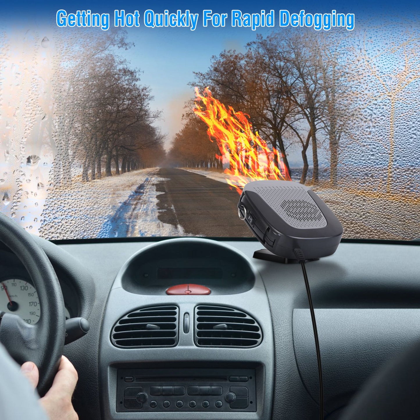 A portable car heater sits on a dashboard, directing heat towards a defogging windshield illustrated with a fiery graphic. The text reads: "Getting Hot Quickly For Rapid Defogging.