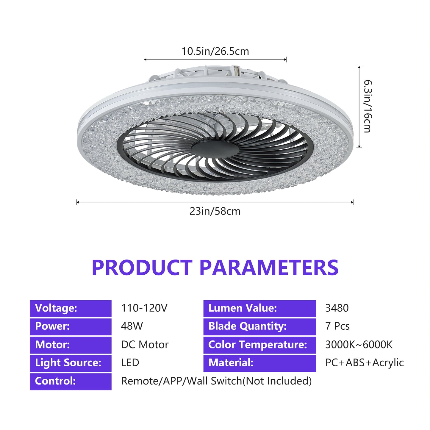 Ceiling fan with dimensions and product parameters on a white background