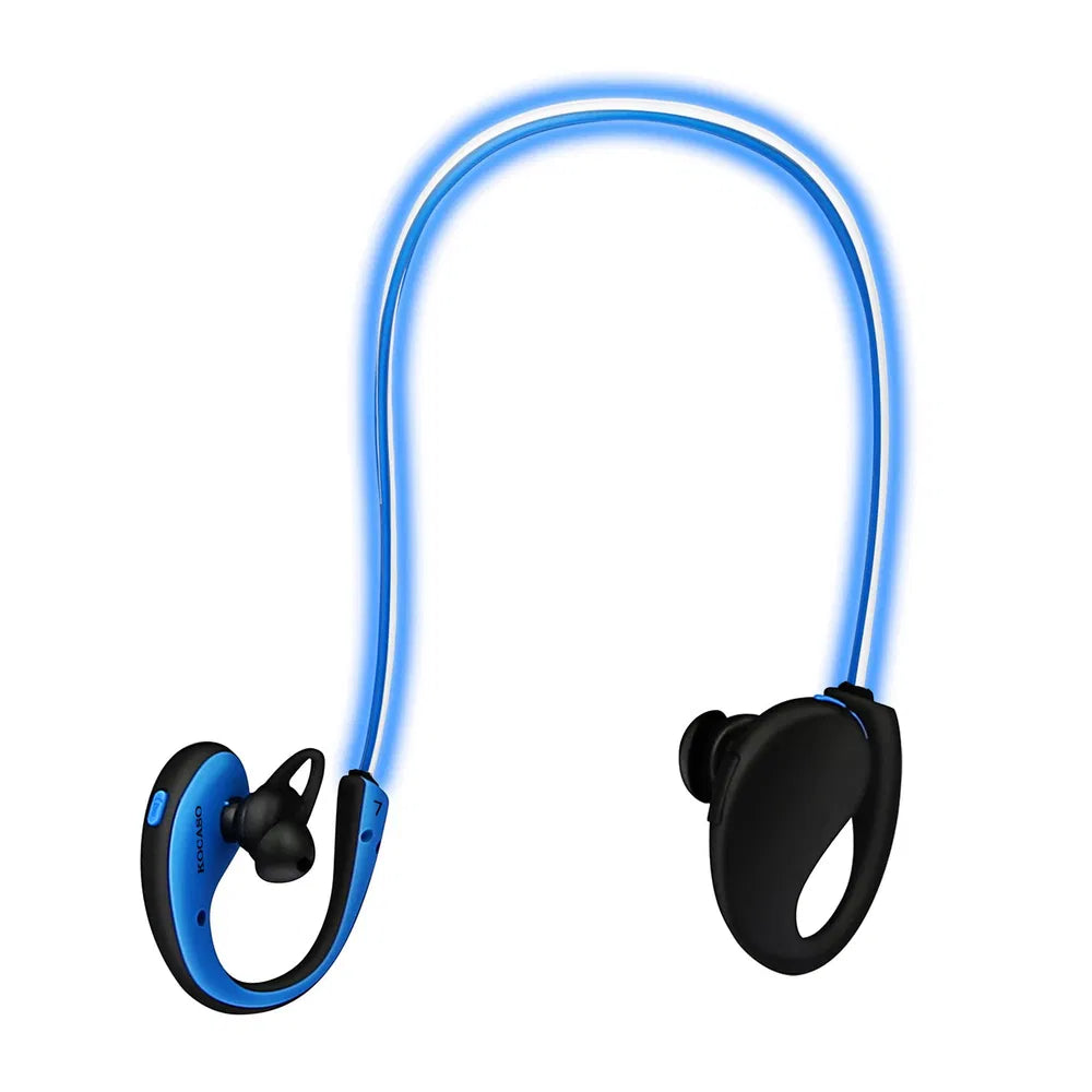 Blue and black wireless earbuds on a white background