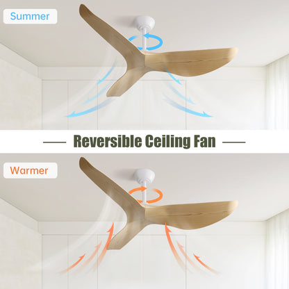 Modern Ceiling Fan, 52 Inch Ceiling Fan, Quiet DC Motor, Reversible Blade Fan, White Ceiling Fan, Woodgrain Blade Fan, Indoor Outdoor Fan