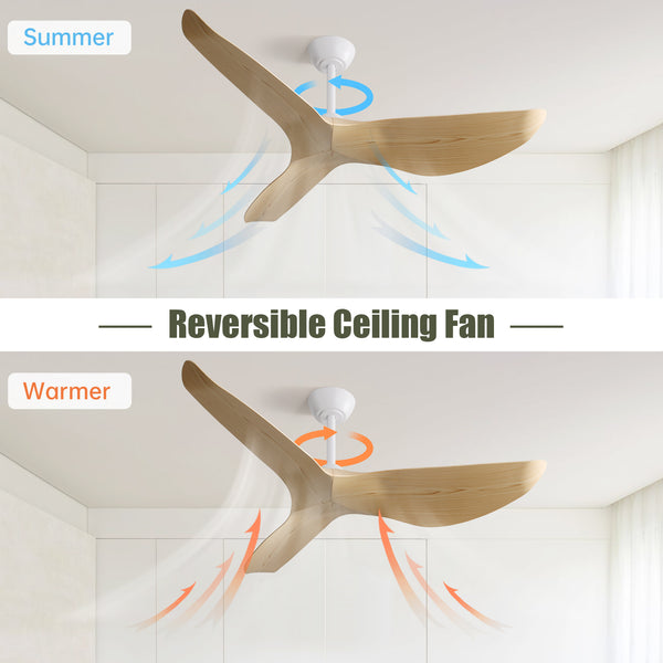 Modern Ceiling Fan, 52 Inch Ceiling Fan, Quiet DC Motor, Reversible Blade Fan, White Ceiling Fan, Woodgrain Blade Fan, Indoor Outdoor Fan