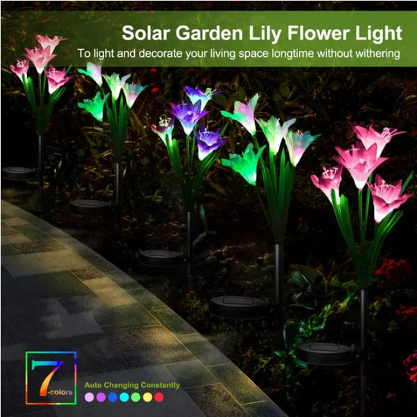 Solar garden lily flower lights in a garden setting with text indicating their use and features.