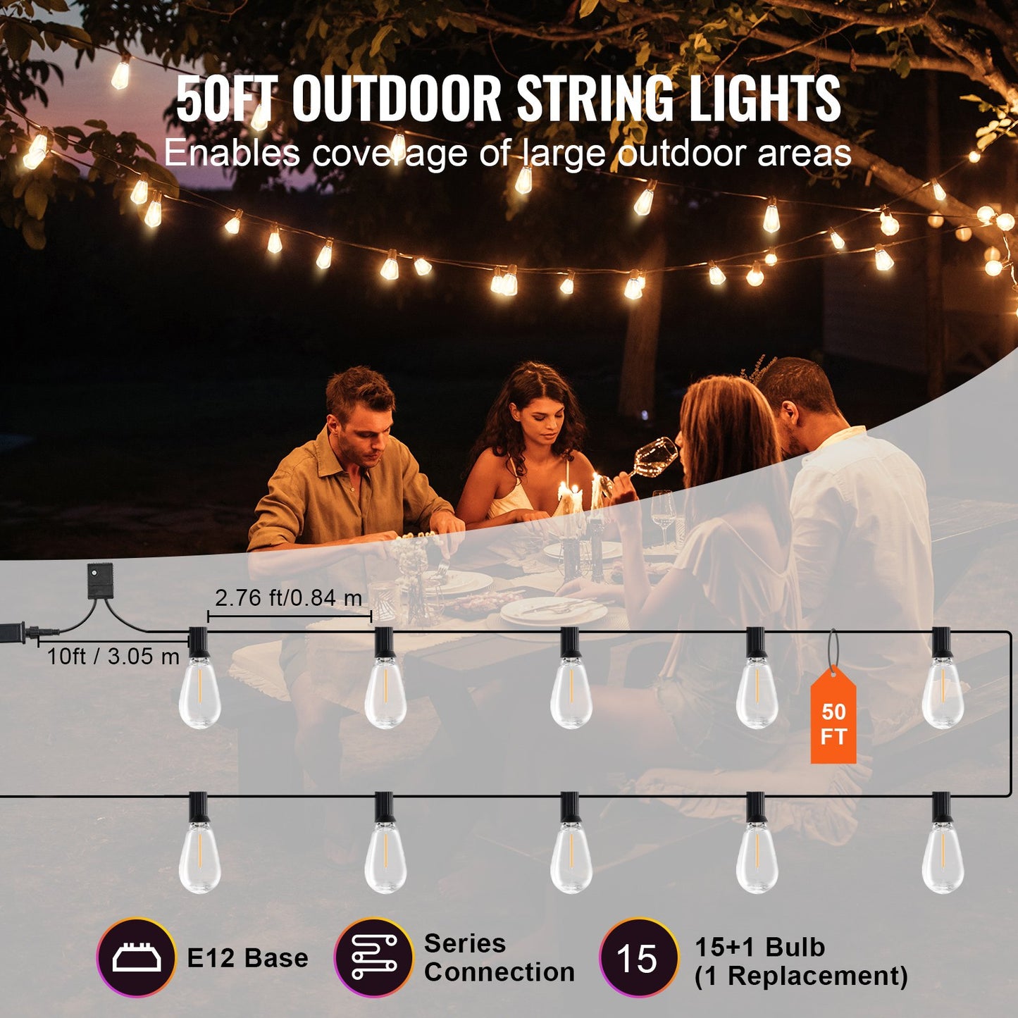 Outdoor String Lights, Patio Bistro Lights, Zainzio Lighting, Shatterproof LED Bulbs, Waterproof Hanging Lights, 50FT String Lights, Backyard Decor