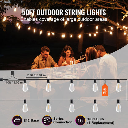 Outdoor String Lights, Patio Bistro Lights, Zainzio Lighting, Shatterproof LED Bulbs, Waterproof Hanging Lights, 50FT String Lights, Backyard Decor