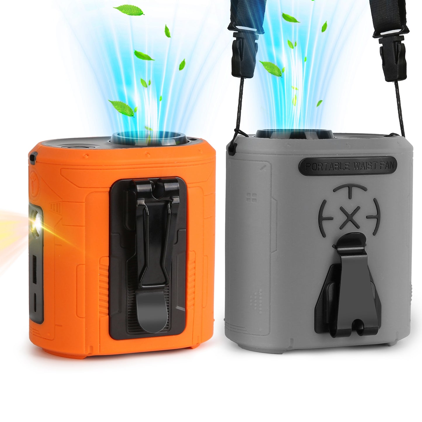 Orange and gray portable air coolers with visible branding on a white background