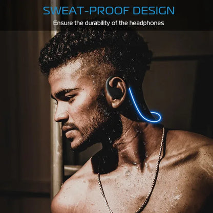 Man wearing sweat-proof wireless earbuds with text about durability.