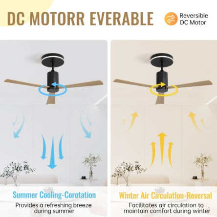 Flush Mount Ceiling Fan, 52 Inch Ceiling Fan, Ceiling Fan with Light, Quiet DC Motor Fan, Modern Wood Ceiling Fan, Low Profile Fan, Indoor Outdoor Patio Fan, Zainzio