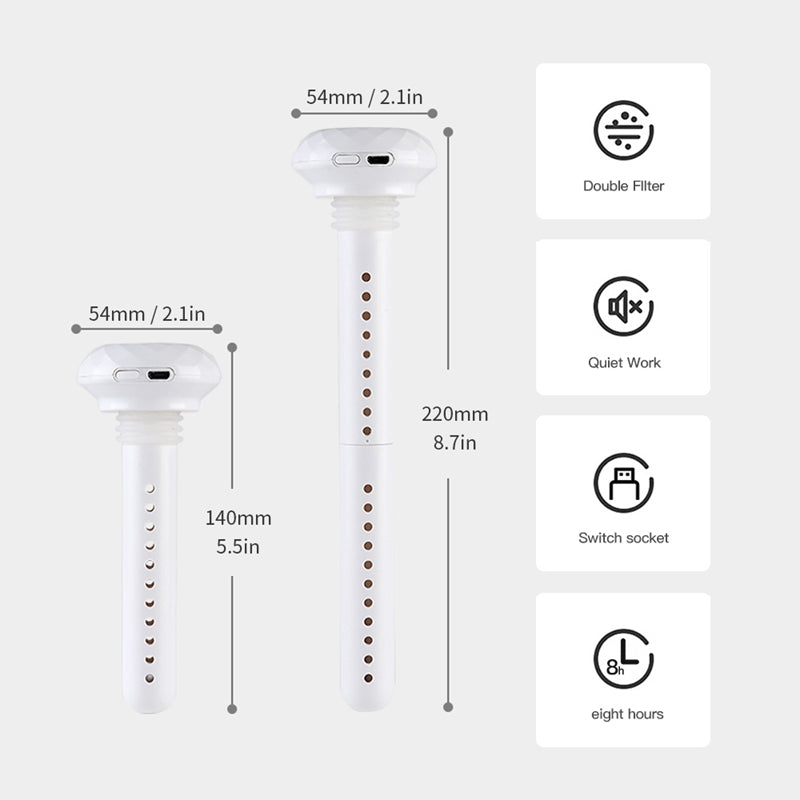 Two white mini USB stick humidifiers, measuring 140mm (5.5in) and 220mm (8.7in) in length, are shown with a top diameter of 54mm (2.1in). Features include Double Filter, Quiet Work, Switch socket, and eight hours.