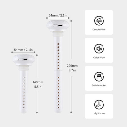 Two white mini USB stick humidifiers, measuring 140mm (5.5in) and 220mm (8.7in) in length, are shown with a top diameter of 54mm (2.1in). Features include Double Filter, Quiet Work, Switch socket, and eight hours.