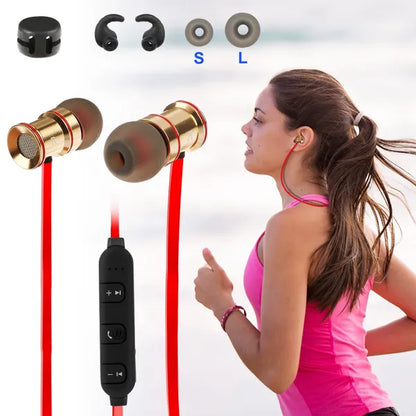 Gold and red earphones with a woman running on a beach