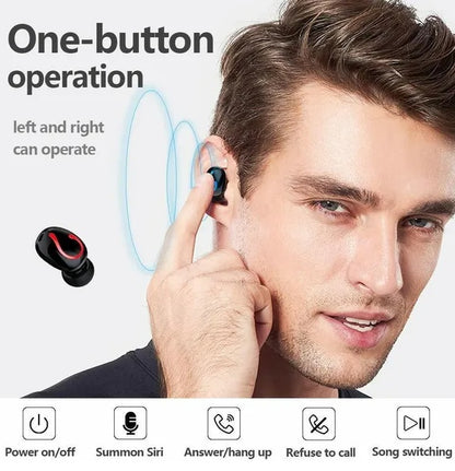 Man wearing a wireless earbud with text about one-button operation on a white background