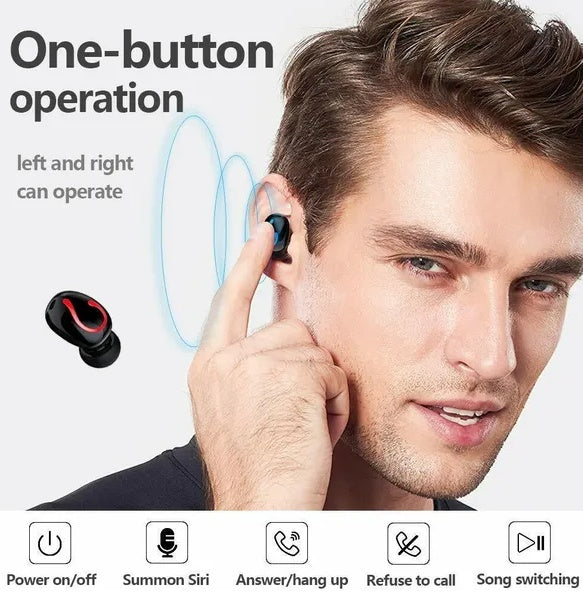 Man wearing a wireless earbud with text about one-button operation on a white background