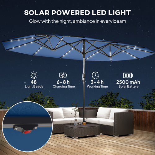 Solar-powered LED light on an outdoor patio umbrella with furniture and night sky background.