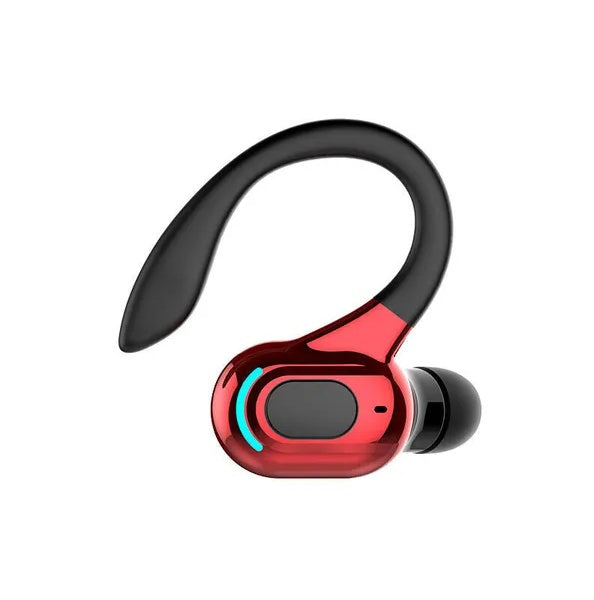 Red and black wireless earbud on a white background