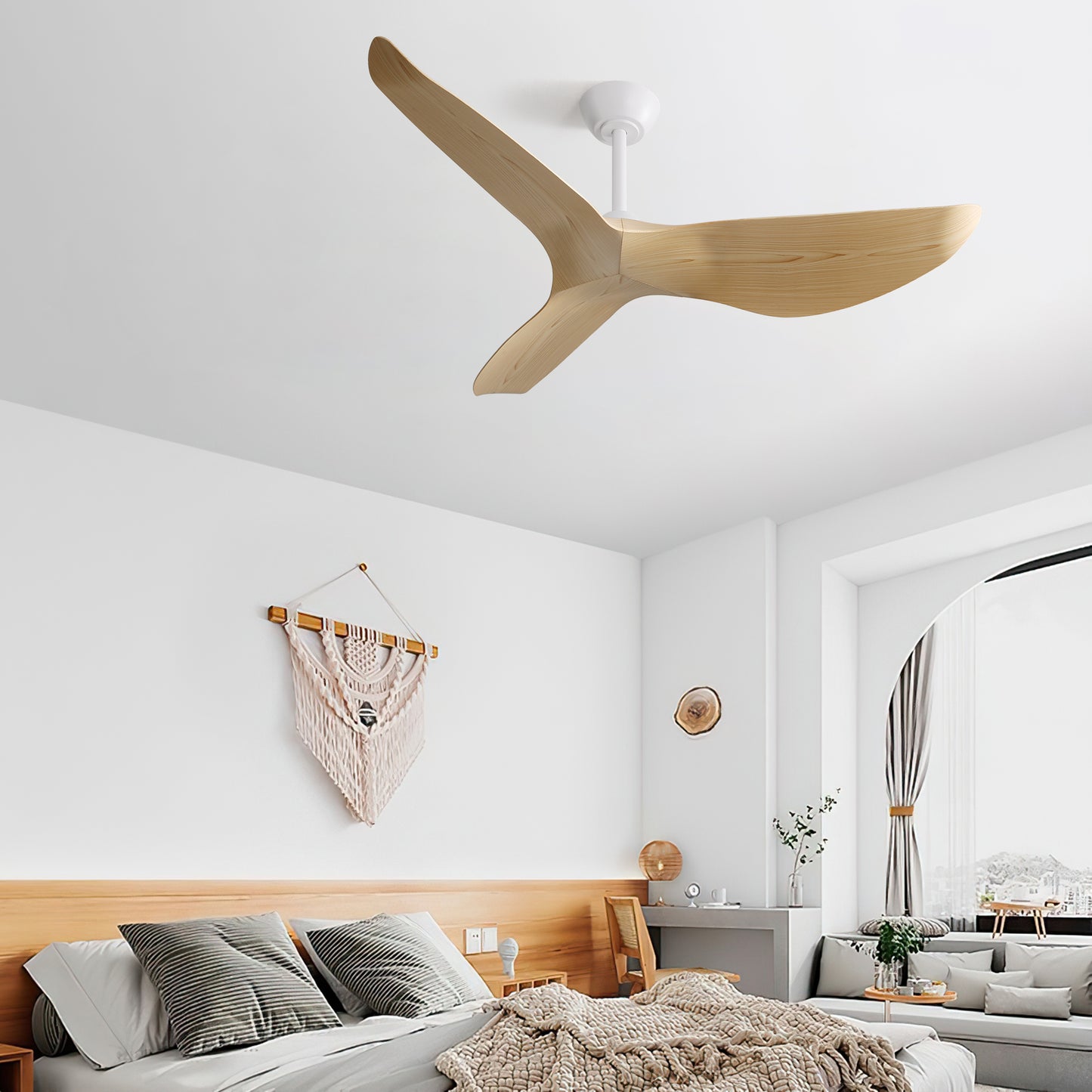 Modern Ceiling Fan, 52 Inch Ceiling Fan, Quiet DC Motor, Reversible Blade Fan, White Ceiling Fan, Woodgrain Blade Fan, Indoor Outdoor Fan