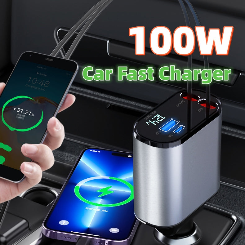 Retractable Car Charger, 100W Fast Car Charger, Zainzio Automotive, Cigarette Lighter Adapter, Type C Car Charger, Multi Port Phone Charger, Voltage Display Car Adapter