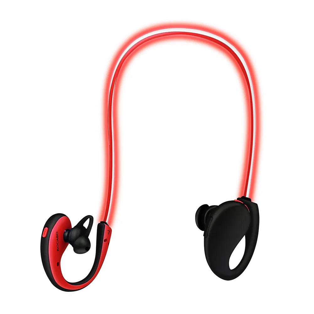 Red and black wireless earbuds on a white background