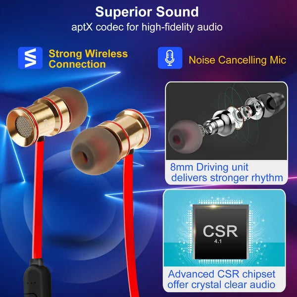 Gold and red earbuds with technical features highlighted on a blue background
