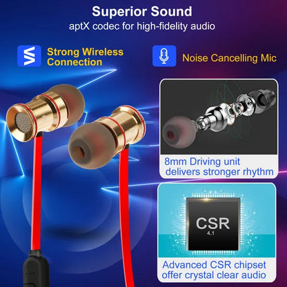 Gold and red earbuds with technical features highlighted on a blue background