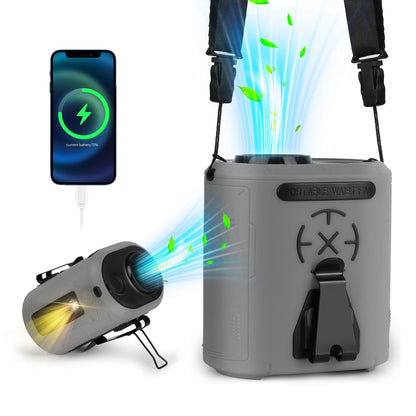 Portable electronic device with a smartphone showing battery charging, on a white background.