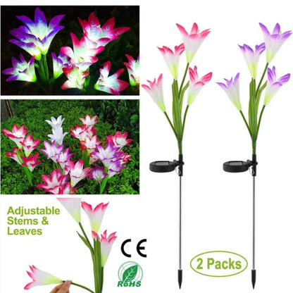 Solar-powered flower lights with adjustable stems and leaves, shown in a 2-pack set.