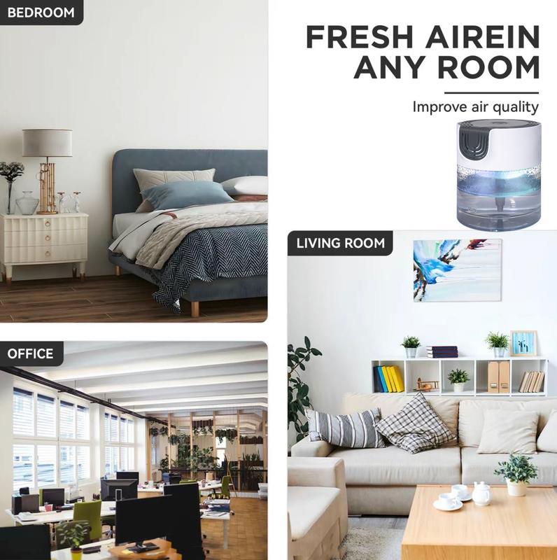 A collage features a water-based air purifier, demonstrating its use in a BEDROOM, OFFICE, and LIVING ROOM. Text reads: FRESH AIREIN ANY ROOM, Improve air quality.