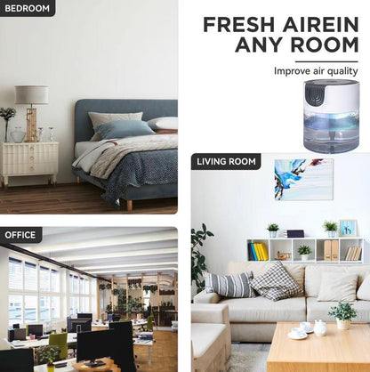 A collage features a water-based air purifier, demonstrating its use in a BEDROOM, OFFICE, and LIVING ROOM. Text reads: FRESH AIREIN ANY ROOM, Improve air quality.