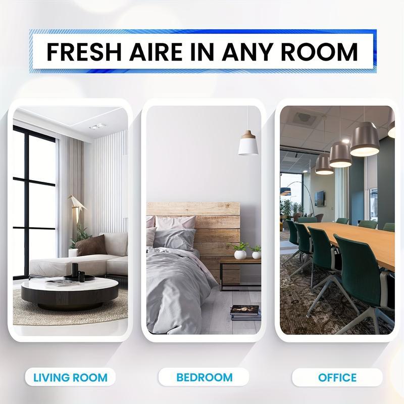 "FRESH AIRE IN ANY ROOM" headlines an image featuring three vertical panels showing a living room, bedroom, and office, demonstrating the product's versatility in various environments.