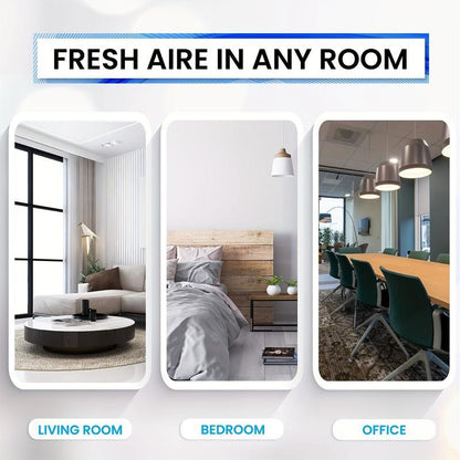 "FRESH AIRE IN ANY ROOM" headlines an image featuring three vertical panels showing a living room, bedroom, and office, demonstrating the product's versatility in various environments.
