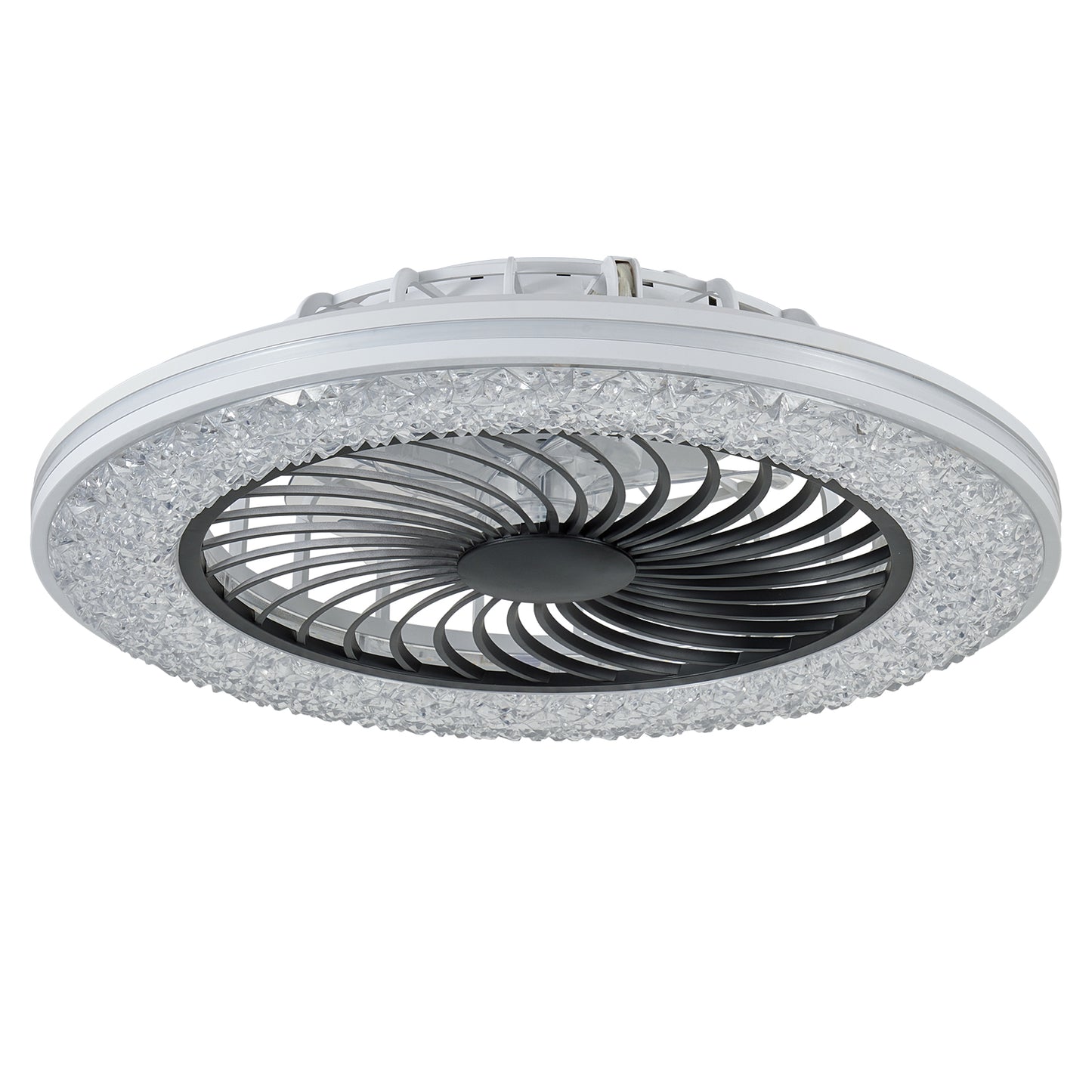 Ceiling fan with crystal-like design on a white background