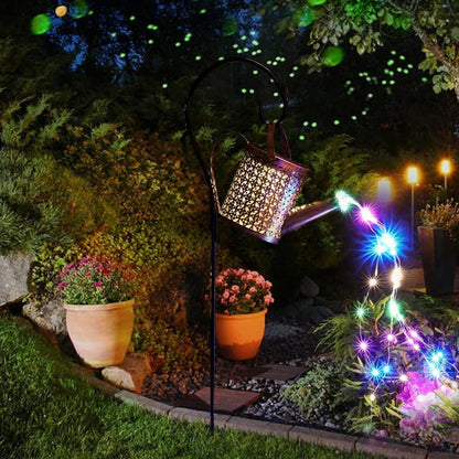 Garden scene with solar light and colorful string lights