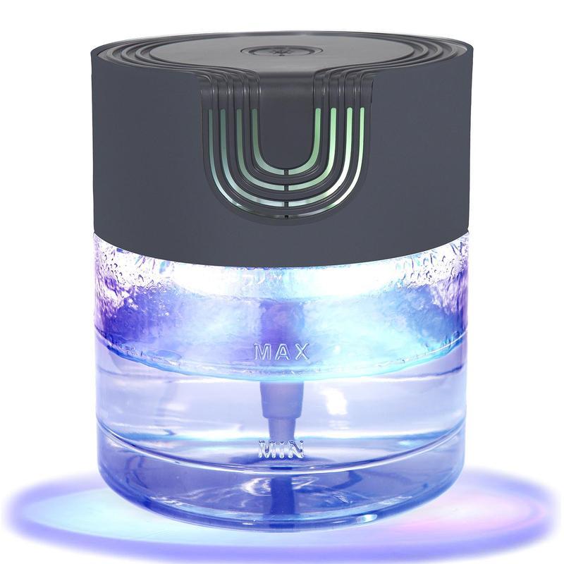 A Zainzio water-based air purifier and aroma diffuser with a dark grey top and clear base showing illuminated water. Text on the base reads "MAX" and "MIN".