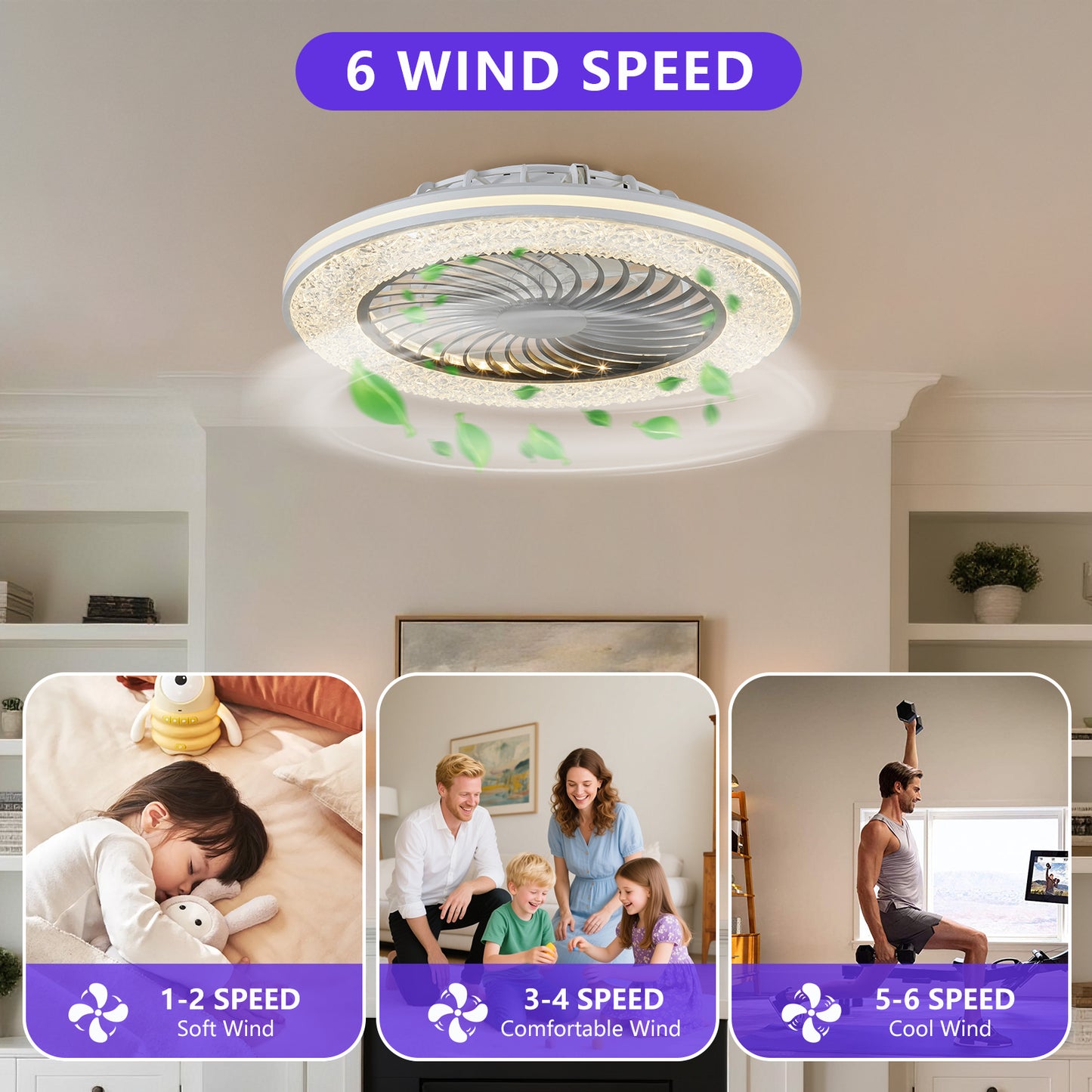 Enclosed Ceiling Fan, 7 Blade Fandelier, RGB Ceiling Fan, Low Profile Fan, Black Flush Mount Fan, Smart LED Ceiling Fan, Quiet Bedroom Fan, Zainzio fan