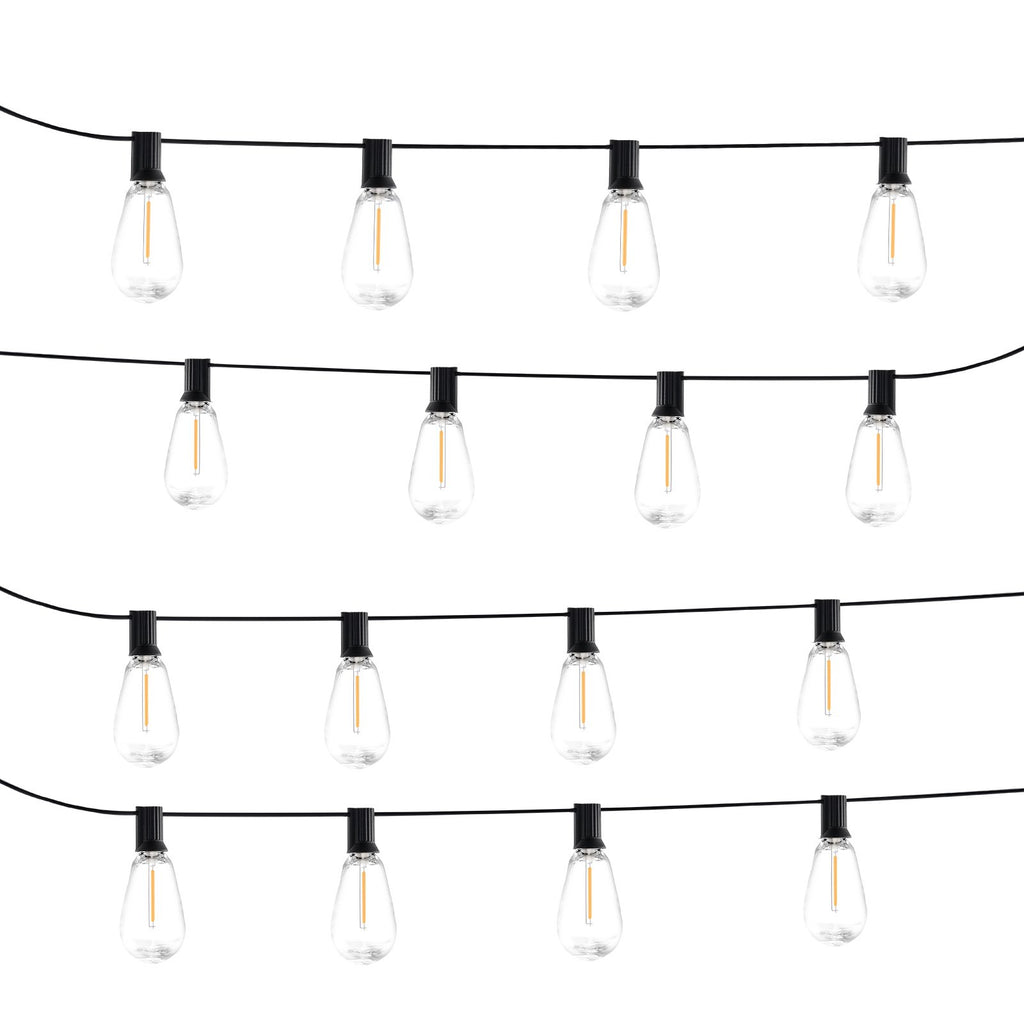 String of clear light bulbs on black wires against a white background